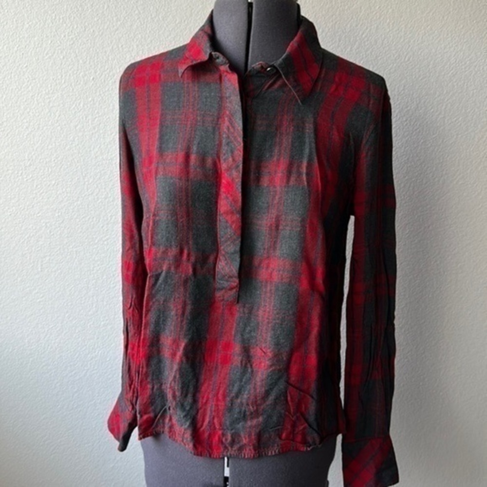 CAbi top button up plaid size XS red gray softgirl career